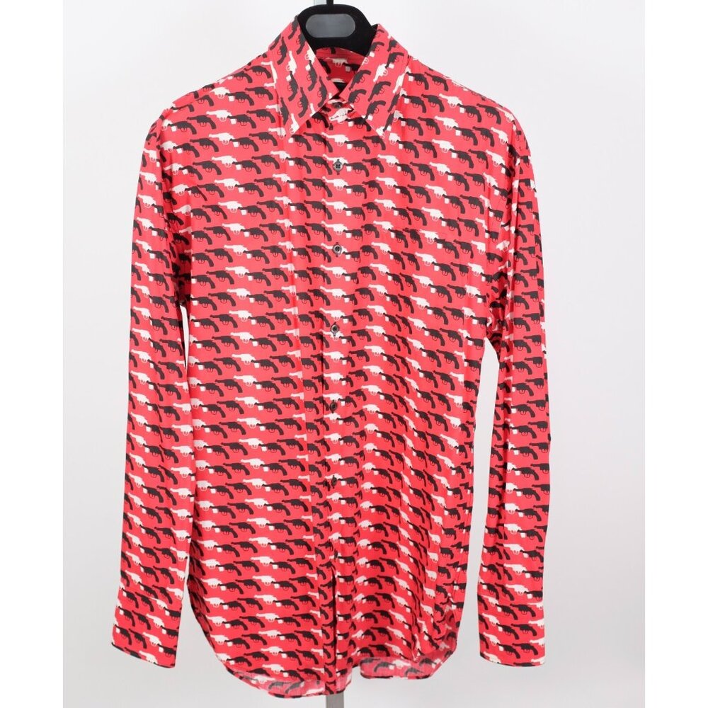 PRADA Fall 2012 shirt 39/ 15.5 red cotton gun pistol print